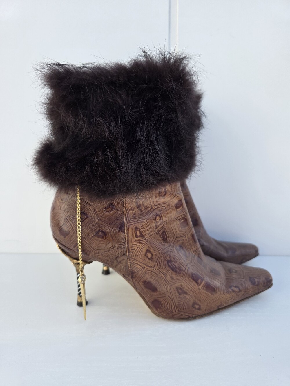 Fantasy Collection Faux Fur Pointed Toe Zip Up Stiletto Brown Heels Size 8